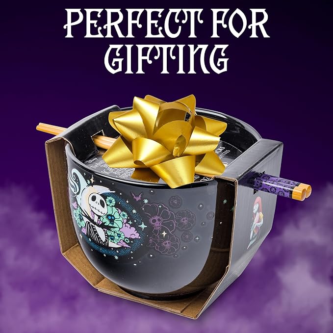 Silver Buffalo Disney Nightmare Before Christmas Starry Night Jack Skellington Ceramic Ramen Noodle Rice Bowl with Chopsticks, Microwave Safe, 20 Ounces