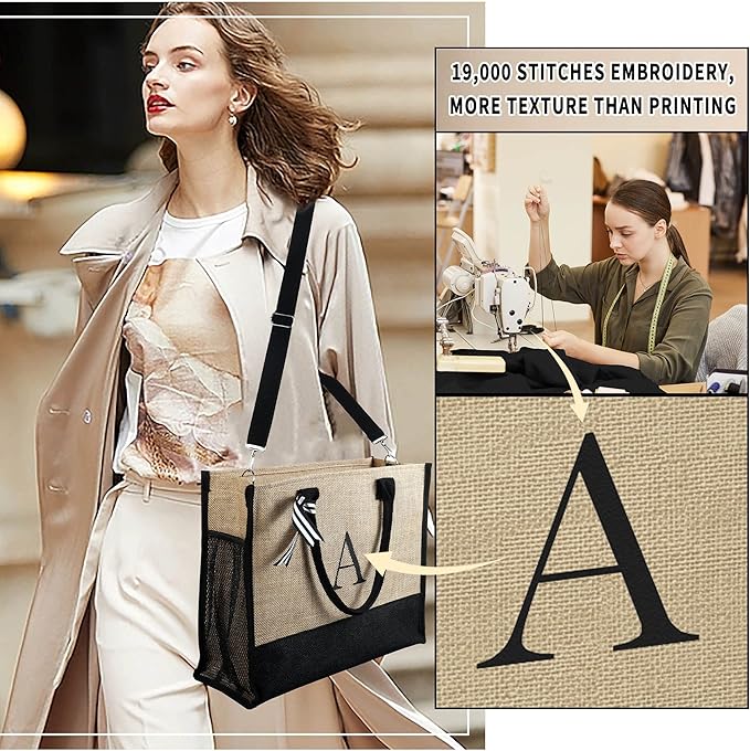YOOLIFE Christmas Gifts for Women - Initial Jute Tote Bag & Makeup Bag, Birthday Gifts for Women Mom Wife Teacher Friend