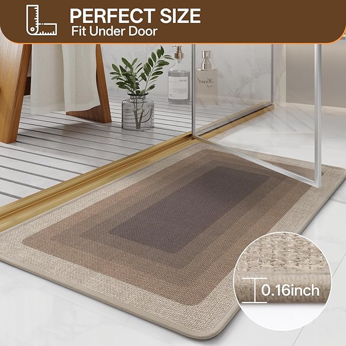 Non Slip Bath Mat Bathroom Rugs, Quick Dry Super Absorbent Washable Shower Bath Mats, Rubber Backing Ultra Thin Bathroom Rug Fit Under Door, Brown 20x32