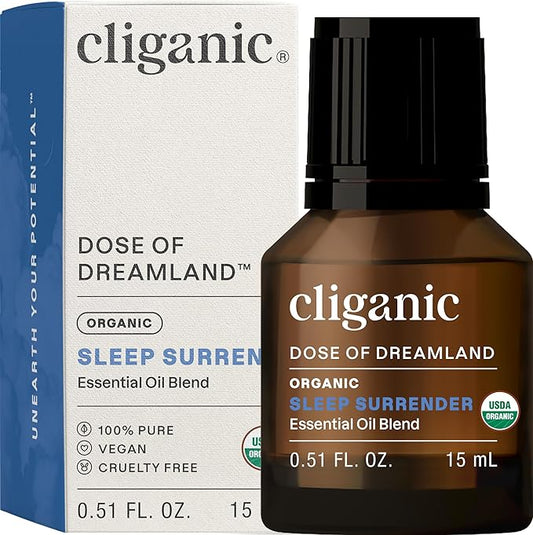 Cliganic Sleep Surrender Organic Essential Oil Blend 0.51 Fl Oz – Carefully Crafted with Vetiver, Lavender, Frankincense, Clary Sage, Ylang Ylang, Marjoram & Spearmint – Calming Aromatherapy Oil