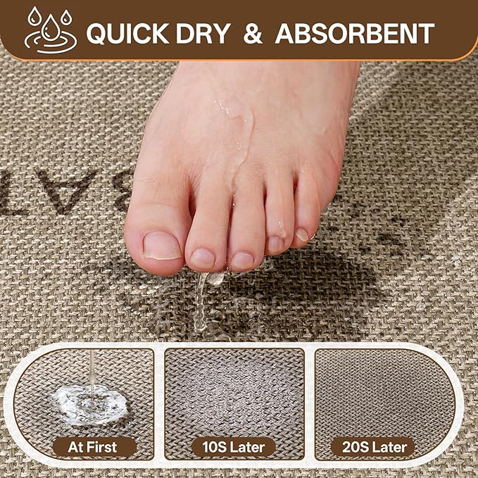 Non-Slip Bath Mat with Upgraded Rubber-Backing, Washable Thin Bath Mats for Bathroom Floor, Absorbent Woven Bathroom Rugs, Quick Dry, Fits Under Door, 16x24, Brown