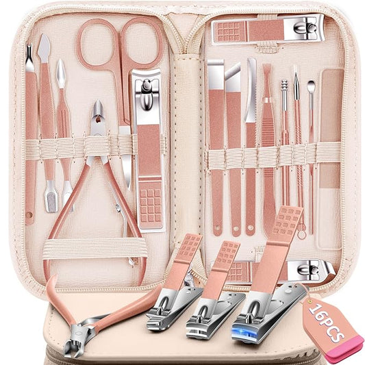 Manicure Set 16Pcs Professional Stainless Steel Pedicure Kit Mens Grooming Kit Fingernail & Toenail Clippers Set Manicure Kit with Luxurious Travel Bag, Sharp Nail Scissors and Clipper (Pink)