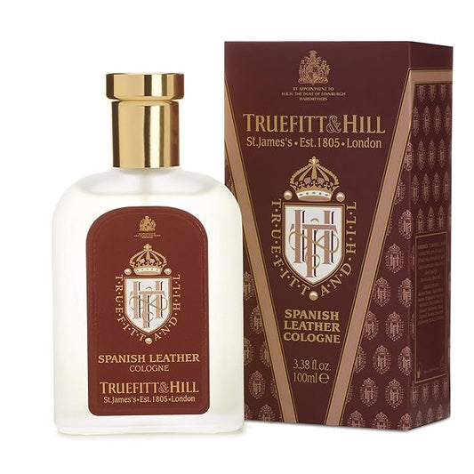 Truefitt & Hill Luxury Cologne - Spanish Leather - Premium Long-Lasting Fruit and Wood Men's Fragrance Presented in a Beautifully Etched Traditional Atomizer Bottle - 3.38 oz.