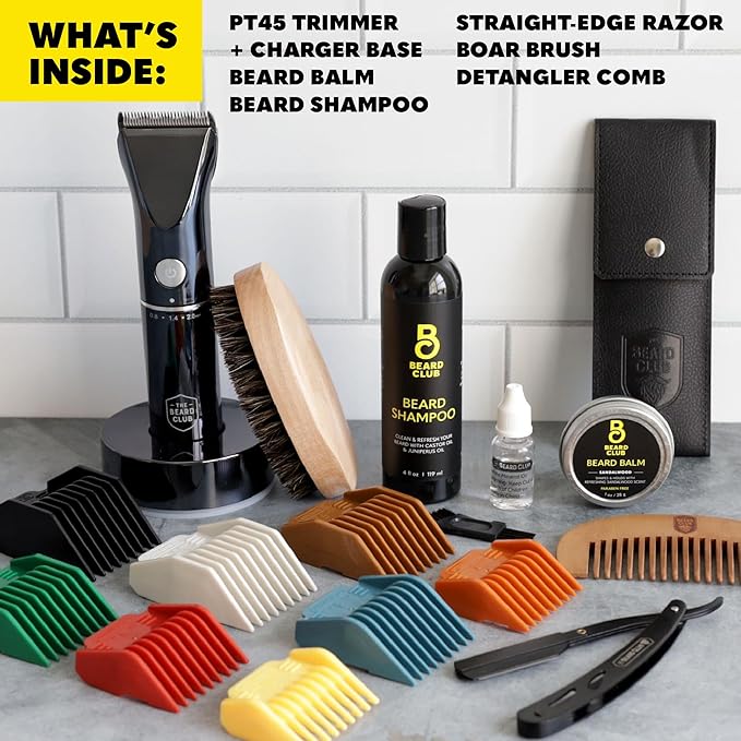 Beard Club Mens Grooming Kit & Beard Trimmer for Men - Professional Cordless Electric Hair & Moustache Trimmer, Straight Razor, Shampoo, Balm, Brush & Comb - Grooming Kit Gift Set