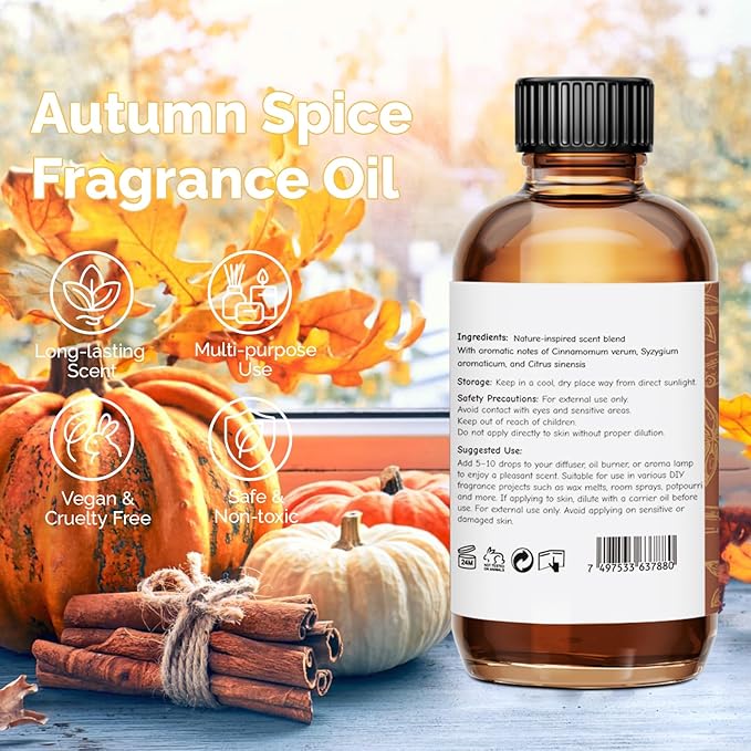 Autumn Spice Fragrance Oil 2 Oz, Natural Scent Oil for Home Essential Oils Diffuser, Candle Making, Soap Making, DIY Body Oils, Perfume, Body Mist, Spray - Spicy Fall Scent