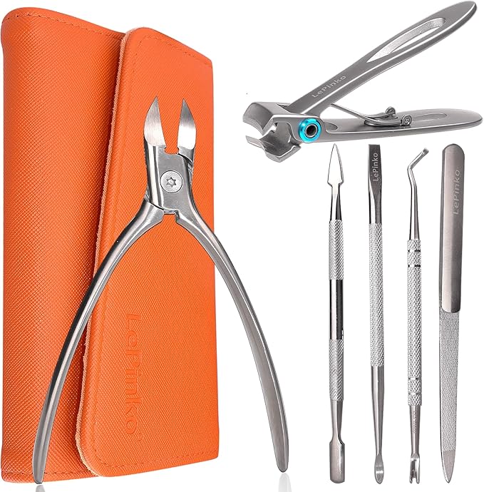 Nail Clippers Set for Thick Toenails and Fingernails, Heavy Duty Podiatrist Clippers for Ingrown Nails, Manicure Sets with Travel Leather Case, Gifts for Stocking Stuffers Men Women, 6PCS Orange