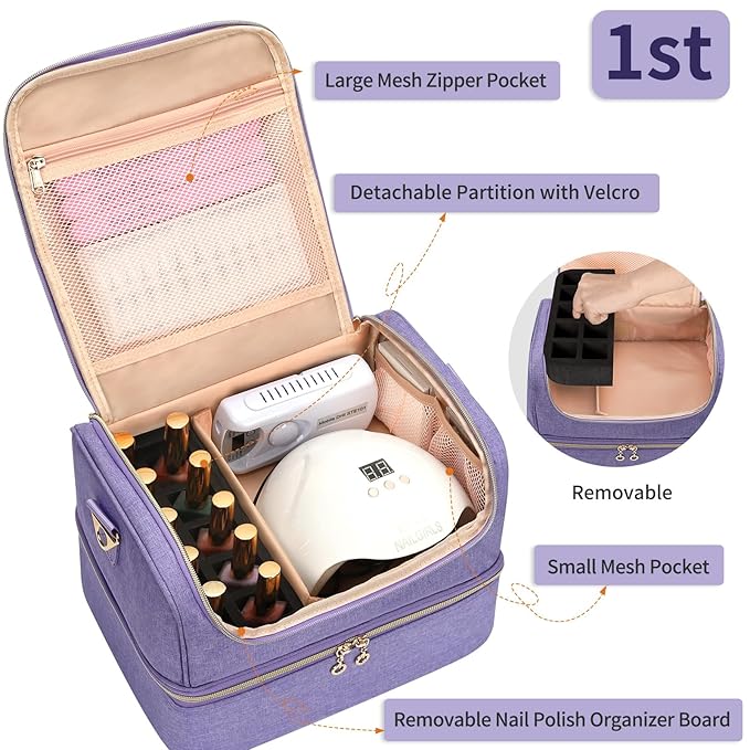 Nail Polish Organizer Case, Nail Supplies Storage Box Holds 45 Bottles Nail Polish & Nail Lamp, Travel Nail Tech Carrying Case, Nail Kit Bag For Nail Stuff & Manicure Tools