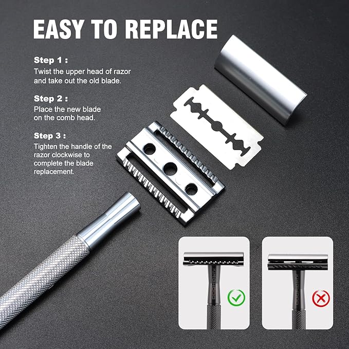 KINGHOOD Safety Razor Single Blade for Men with 10 Double Edge Blades Metal Reusable Eco Friendly Razors Silver