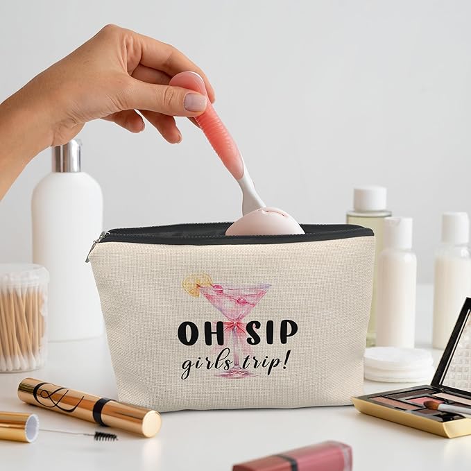 Pink Bow Martini Makeup Bag, Gifts for Martini Cocktail Lovers Cosmetic Bags, Best Friend Bestie BFF Gifts for Women, Preppy Cocktail Makeup Zipper Pouch