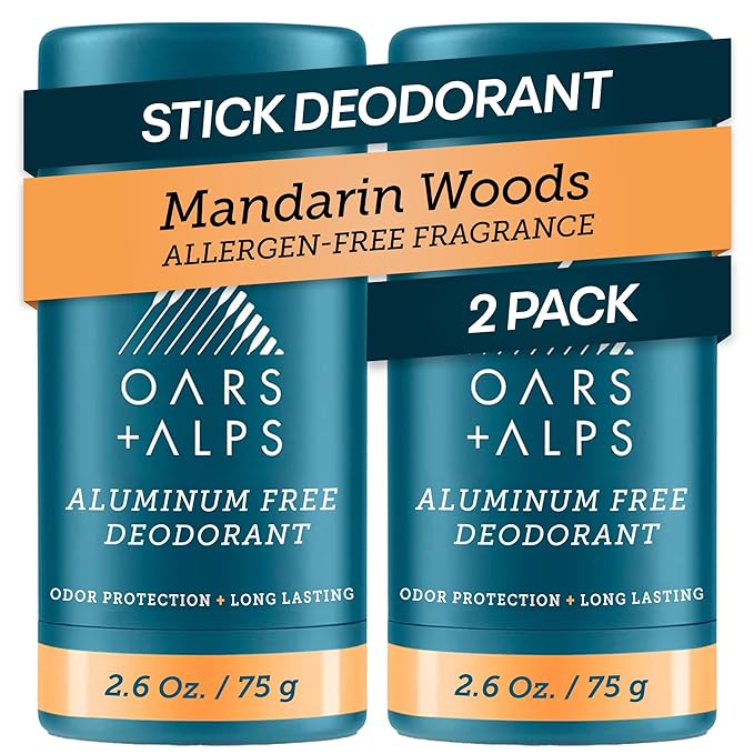 Oars + Alps Deodorant for Men & Women, Aluminum Free Deodorant for Men, Dermatologist Tested, Clean Ingredients, Vegan, Long Lasting, Mandarin Woods, 2pk, 2.6oz