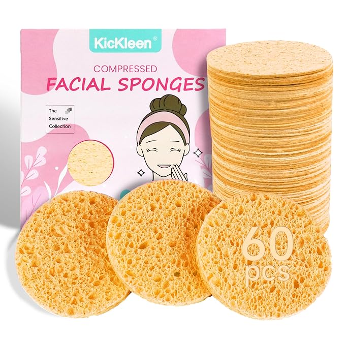 60-Count Compressed Facial Sponges|100% Natural Kickleen Cellulose Cosmetic Spa Sponges for Daily Facial Cleansing|Makeup and Mask Removal | Exfoliating | Skin Massage | Pore Exfoliation (Yellow)
