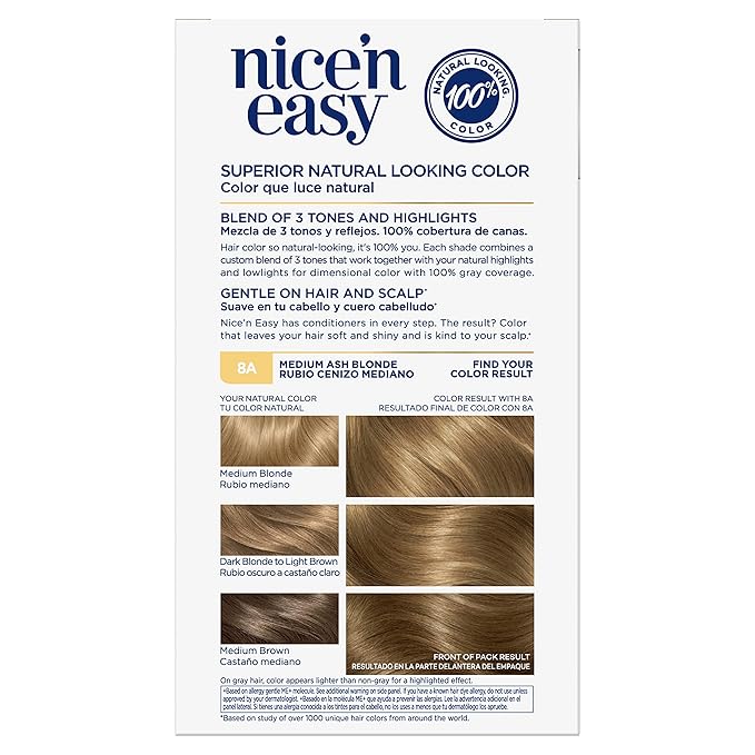 Clairol Nice'n Easy Permanent Hair Dye, 8A Medium Ash Blonde Hair Color, Pack of 2