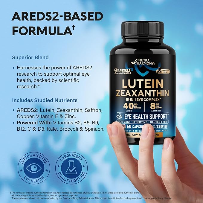 Eye Vitamins - Lutein and Zeaxanthin Supplements - AREDS2 Based Supplement for Seniors & Adults - Eye Health & Vision Support - Saffron, Zinc, Vitamins, Copper, Super Greens - Made in USA, 60 Capsules