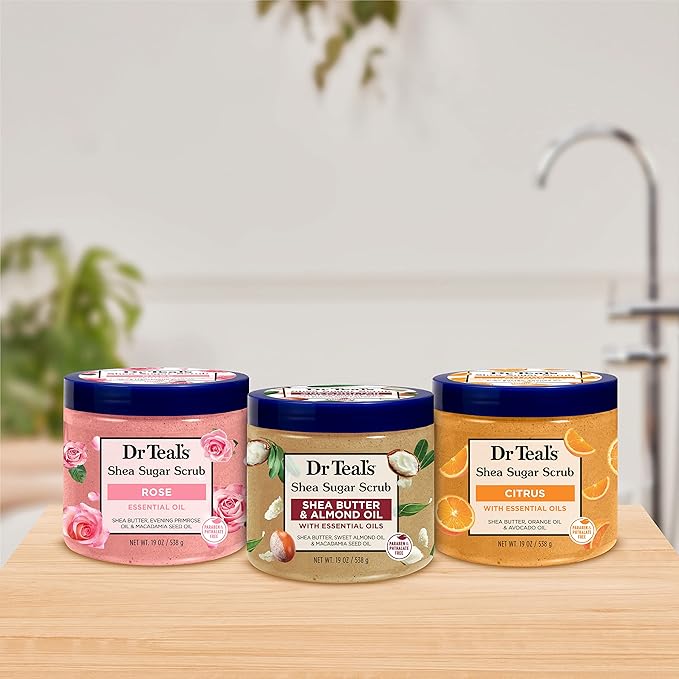 Dr Teal's Shea Sugar Scrub Trial Pack, Rose, Shea Butter, Citrus 19 oz (Pack of 3)