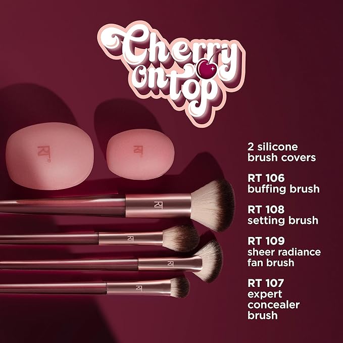 Real Techniques Cherry On Top A Brighter Hue Base Set, Face Makeup Brushes & Travel Covers, For Foundation, Concealer, Powder, & Blush, Synthetic Bristles, Vegan & Cruelty-Free, 6 Piece Set