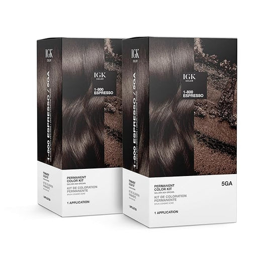 IGK Permanent Hair Dye Color Kit | 5GA1-800 Espresso - Golden Ash Brown | 100% Gray Color Coverage + Strengthen + Shine | Ammonia Free
