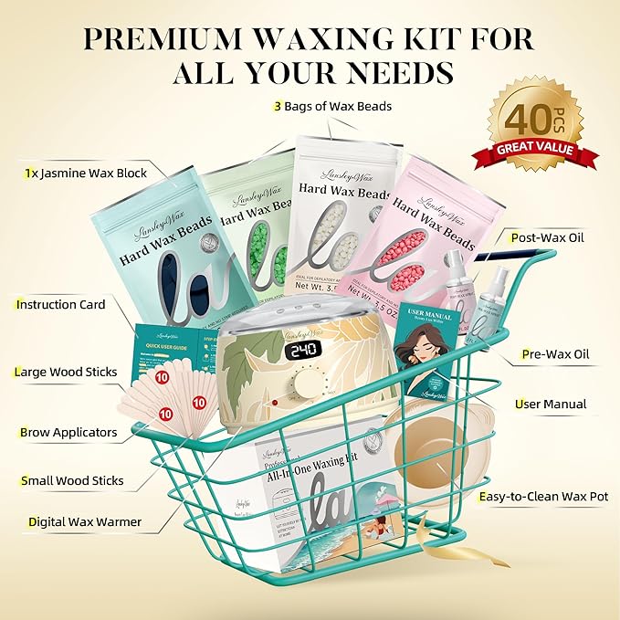 LANSLEYWAX Digital Waxing Kit for Women Men - YOLO Flora Waxing Machine with 39 Accessories - Hard Wax Kit for Arm Leg Brazilian Bikini Face Sensitive Skin, Wax Warmer Hair Removal for Home/Salon Use