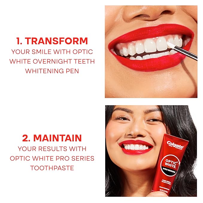 Colgate Optic White Overnight Teeth Whitening Pen and Whitening Toothpaste Kit, Includes 0.08 fl oz Teeth Whitener Pen with 21 Nightly Treatments Plus a 3.0 fl oz Enamel Safe Whitening Toothpaste
