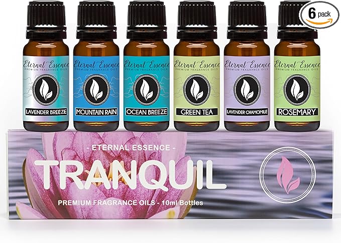 Eternal Essence Oils Tranquil Set of 6 Premium Fragrance Oils - Includes Lavender Breeze, Mountain Rain, Ocean Breeze, Lavender Chamomile, Green Tea, and Rosemary Scented Oils - 10ML