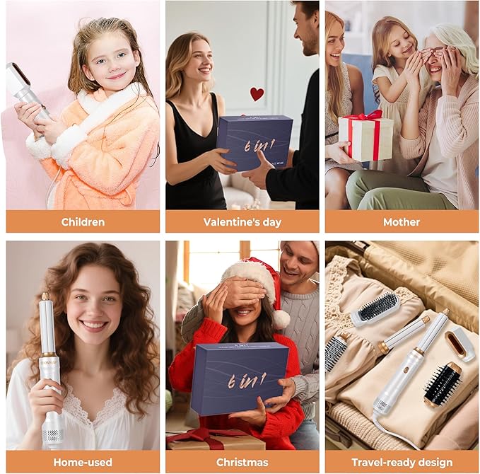 Blow Dryer Brush Set of 6 in 1, Air Curling Iron 3 Temperature Negative Ionic Hair Dryer Brush, Hot Air Brush Hair Styling Tools, 800W Volumize Straightener Round Brush Blow Dryer 100-120V