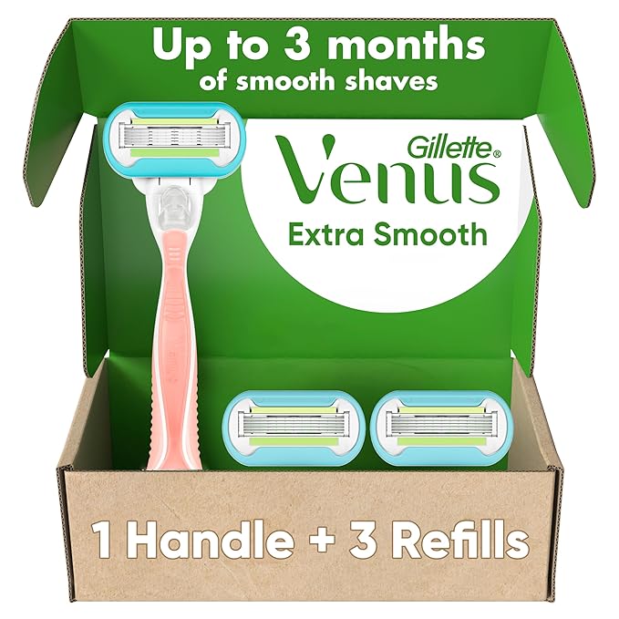 Gillette Venus Extra Smooth Pink Women's Razor, Pivoting Razor Head, 5 Blades for an Extra Smooth Shave, Handle + 3 Blade Refills, Holiday Gifts for Women