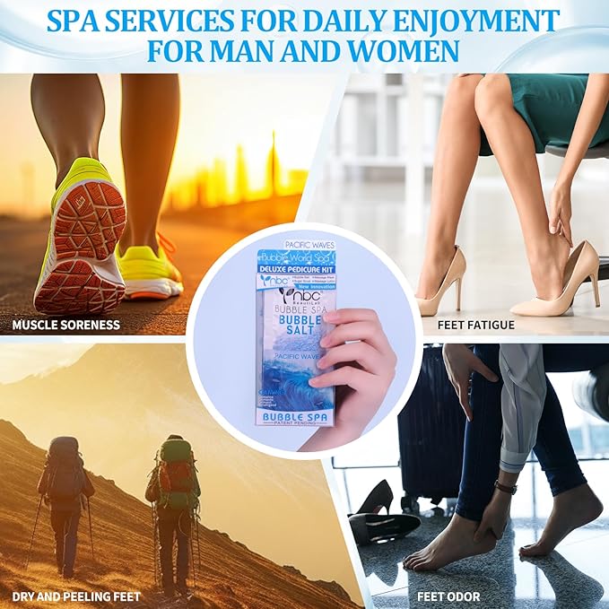 Pedicure Kit Foot Soak Set: Bubble Salt, Sugar Scrub, Massage Mask, Massage Lotion in a Box, 4 Step Foot Spa Kit for Dry Feet, Calluses and Tired Feet(3 Set Pacific Waves)