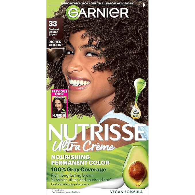 Garnier Hair Color Nutrisse Nourishing Creme, 33 Darkest Golden Brown (Caramel Fudge) Permanent Hair Dye, 1 Count (Packaging May Vary)
