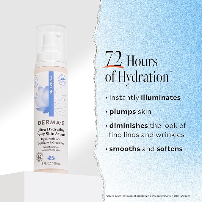 DERMA E Ultra Hydrating Dewy Skin Serum – Moisturizing Facial Treatment with Anti-Aging Squalane, Hyaluronic Acid and Ceramides to Smooth and Replenish, 2 FL Oz