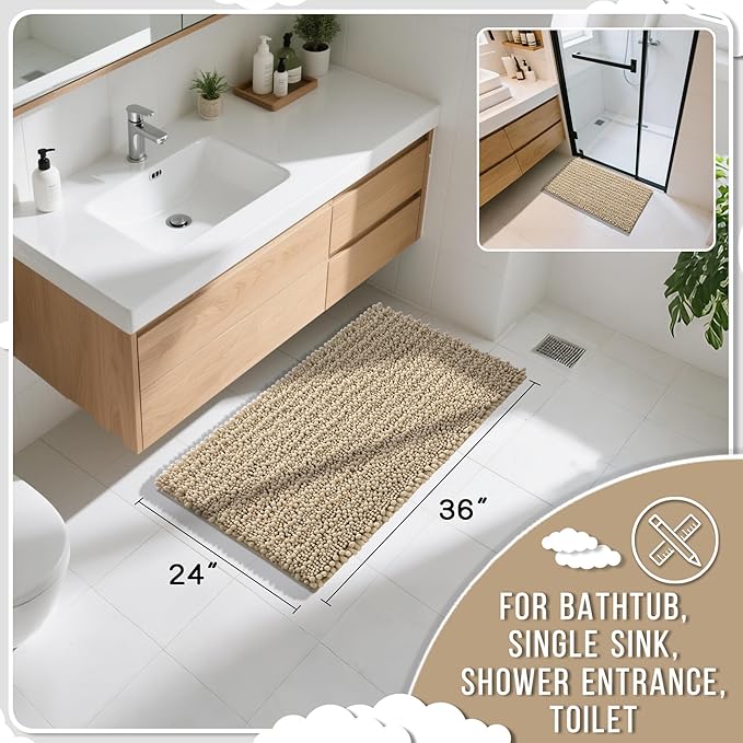 Yimobra Large Bathroom Rugs Non Slip Washable 36x24 Inch - Ultra Soft Absorbent Chenille Bath Mat, Quick Dry Shaggy Floor Carpet for Tub Shower, Camel Home Decor Accessories