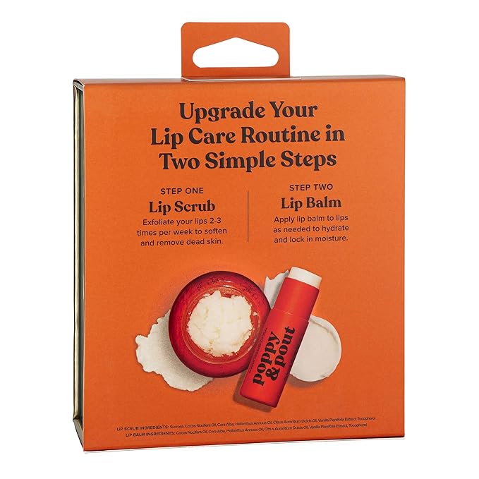 Poppy & Pout Lip Care Set | Lip Balm & Scrub | Sustainable Cardboard Tubes & Glass Jars, All Natural, Beeswax, Coconut Oil, Cruelty Free, Exfoliating & Moisturizing Lip Treatment (Orange Blossom)