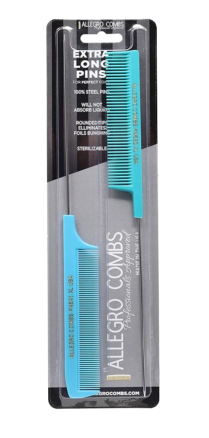 Allegro XL Pintail Rat Tail & Parting Combs - Metal Tail Foiling & Pin Combs (2 Pc. BLUE & AQUA)