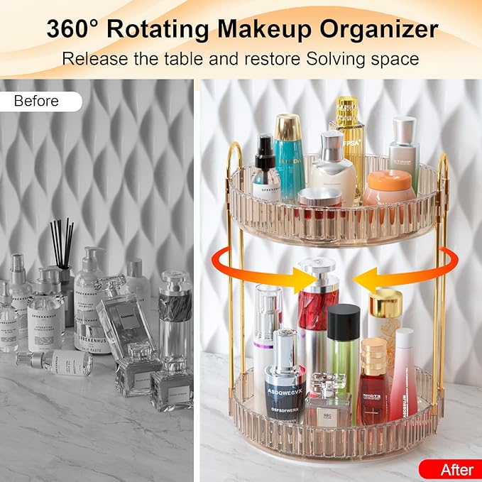 GTI 360°Rotating Makeup Organizer, 2 Tier Bathroom Counter Organizer,Large Capacity Perfume Cosmetics Skincare Vanity Organizers, Dresser Spinning Countertop Organizer and Storage for Women (Gold)
