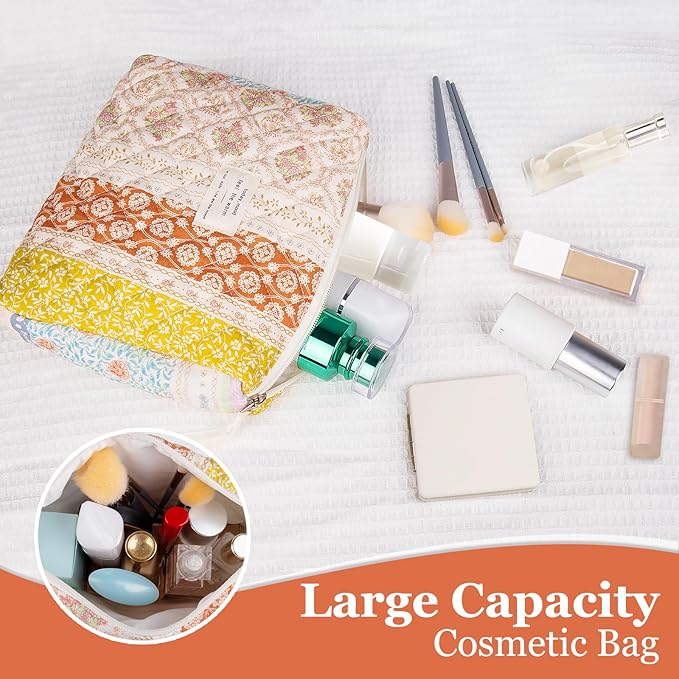 Floral Makeup Bag, Small Cosmetic Bag for Women Girls, Cute Cotton Makeup Bag, Quilted Makeup Bags, Flower Travel Toiletry Organizer Bag(Color-Coded Floral)