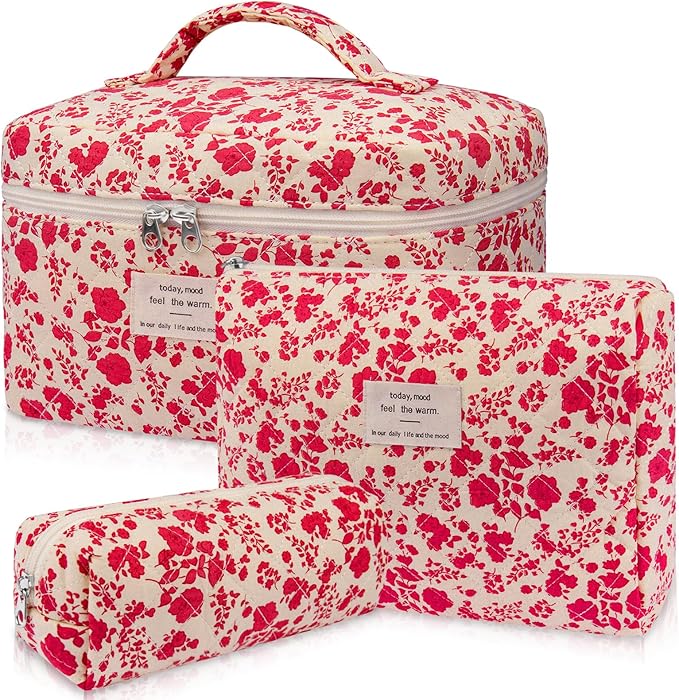 3pc Makeup Bag Set, Quilted Makeup Bag Set, Large Floral Cosmetic Bag for Women, Cute Cotton Makeup Bags, Flower Travel Toiletry Organizer Bag (Bright Pink)