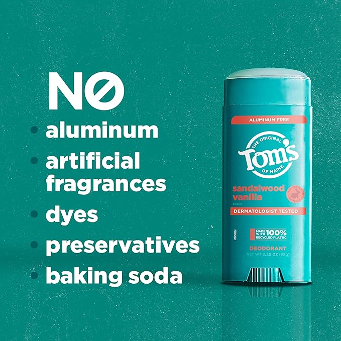 Tom’s of Maine Sandalwood Vanilla Aluminum Free Natural Deodorant For Women & Men | Goes on Clear | Odor & Wetness Protection | Naturally Derived and Moisture-Locking Ingredients | 3.25 oz (2 Pack)