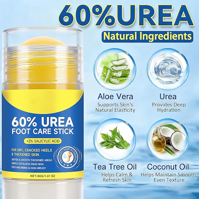 60% Urea Cream Stick with 2% Salicylic Acid, Maximum Strength Urea Foot Cream Moisturizer, for Dry Cracked Heels, Knees, Elbows, Hands, Hydrates Dry Skin & Gently Exfoliates Dead Skin (2PCS)