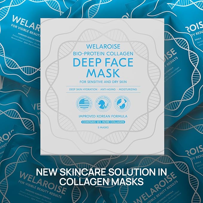 Welaroise Bio Protein Collagen Hydrogel Deep Face Mask +35% More Collagen, Intense Hydration & Moisturization, Firming, Anti-Aging, Skin Renewal, Korean Skincare (Pack of 5)