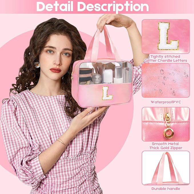 Initial Clear Makeup Bag Personalized Pink Clear Cosmetic Bag, Cute Large Make Up Bags Organizer Bag, Travel Toiletry Bag for Women Girl Gifts B (Pink)