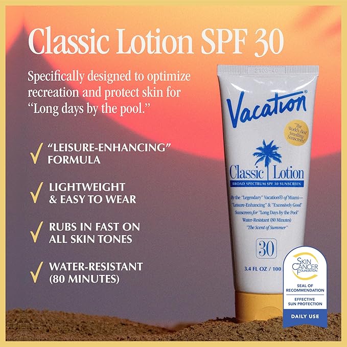 Vacation Classic Sunscreen Lotion SPF 30, Water-Resistant, Lightweight, Transparent on All Skin Tones, Dermatologist-Tested, Vegan, Travel Size, 3.4 Fl. Oz. (Value Pack of 3)