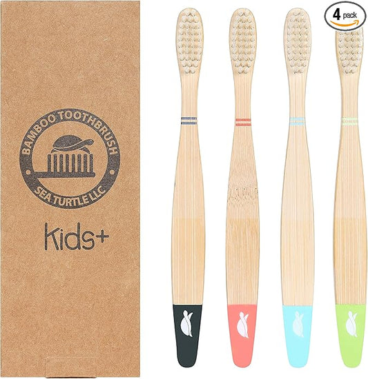Sea Turtle Plant-Based Bristles, Bamboo Toothbrushes, Soft Natural Toothbrush for Kids (4 Pack)