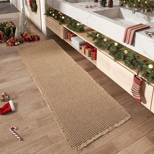 Upgraded Waffle Runner Rug Super Absorbent Non Slip Bath Mats for Bathroom Floor, Machine Washable Bathroom Runner Rug with Tassels, Ideal for Hallway Bedroom Laundry Room, Brown, 2'x 4'(24" x 48")