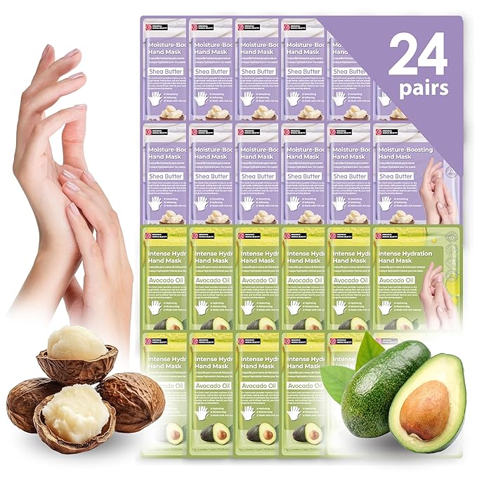 Innerest 24 PK Original Derma Beauty Hand Mask Bulk Moisturizing Hand Gloves for Dry Hands Nail Care Essential, Best Mother's Day Gift Idea, Self Care Women Gift (Shea Butter + Avocado)