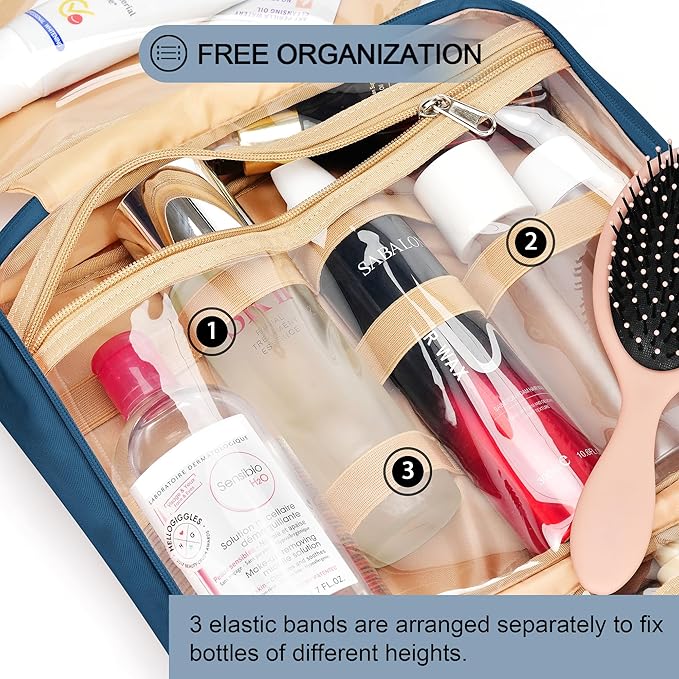 Travel Hanging Toiletry Bag for Women, Large Makeup Bag 8 Leak Proofing Silicone Bottle Covers, Waterproof Cosmetic Bag with Jewelry Organizer Compartment, Toiletries Kit Set, Navy Blue