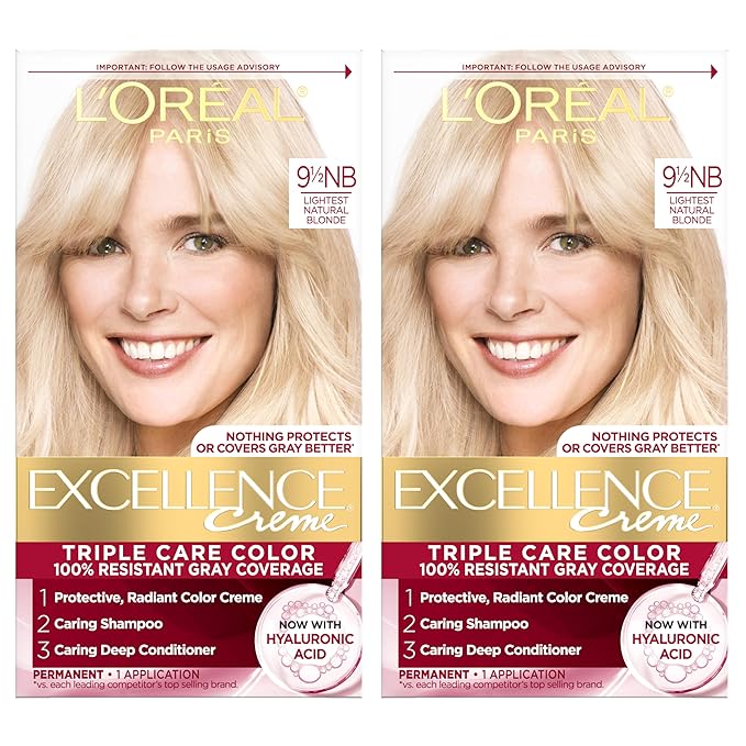L'Oreal Paris Excellence Crème Permanent Hair Dye, Triple Care Hair Color with Pro-Keratine Complex for 100% Gray Hair Coverage, 9.5NB Lightest Natural Blonde, 1 Kit (Pack of 2)