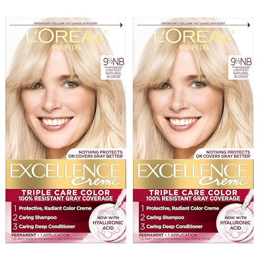 L'Oreal Paris Excellence Crème Permanent Hair Dye, Triple Care Hair Color with Pro-Keratine Complex for 100% Gray Hair Coverage, 9.5NB Lightest Natural Blonde, 1 Kit (Pack of 2)