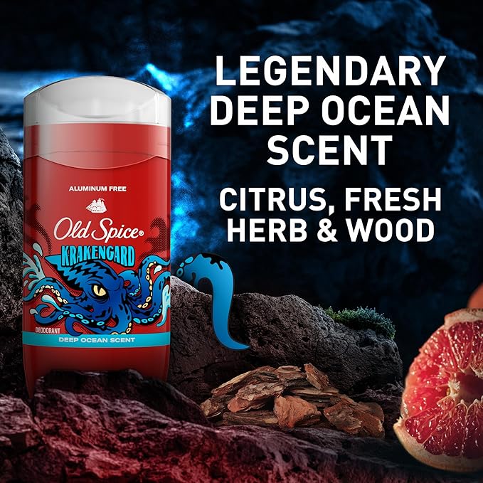 Old Spice Aluminum Free Deodorant for Men, 24/7 Odor Protection, 24/7 Freshness & Lasting Scent, Goes on Clear, Krakengard with Deep Ocean Scent, 3.0 oz (Pack of 3)