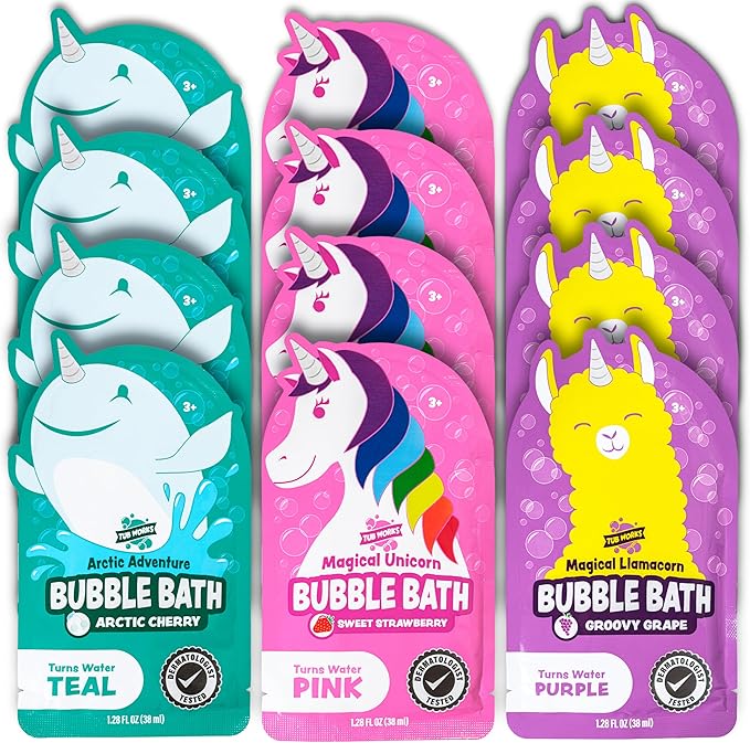 Tub Works® Magical Kids Bubble Bath, Variety 12 Pack | Creates Colorful Water & Tons of Foam Bath Bubbles | Nontoxic | Character-Themed Bubble Bath for Kids | Pink, Purple & Teal Bath Colors