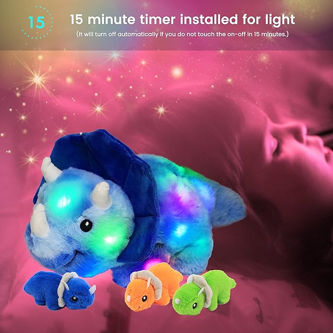 Hopearl LED Plush Dinosaur Lighting Up Stuffed Mommy Triceratops with 3 Babies in her Tummy Floppy Stuffed Animal Playset Night Lights Glow in The Dark Gifts for Kids Toddler Boys, Blue, 15''