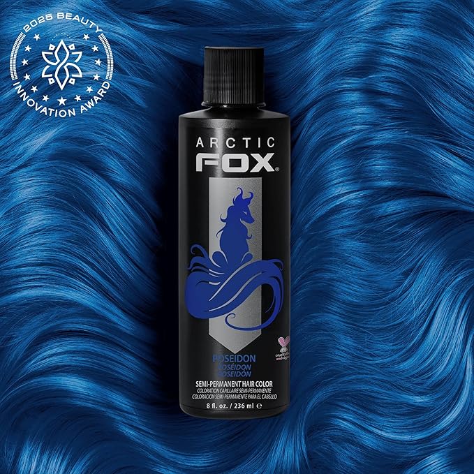 Arctic Fox Semi-Permanent Hair Dye, Vegan & Cruelty-Free, Vibrant Blue Color, Ammonia-Free, Peroxide-Free, Conditioning Formula, Poseidon, 8 Fl Oz (Pack of 2)