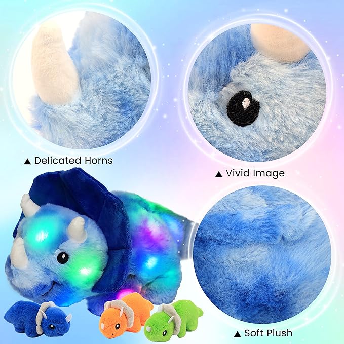 Hopearl LED Plush Dinosaur Lighting Up Stuffed Mommy Triceratops with 3 Babies in her Tummy Floppy Stuffed Animal Playset Night Lights Glow in The Dark Gifts for Kids Toddler Boys, Blue, 15''
